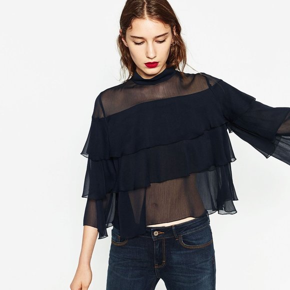 Zara Navy Tiered Sheer Ruffle Blouse, XS - Picture 9 of 16